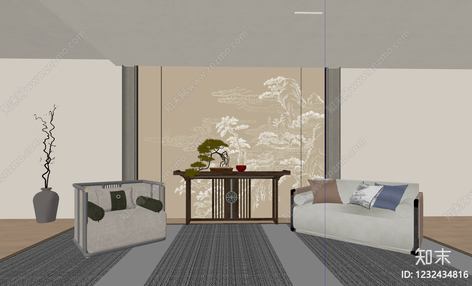 新中式家居客厅SU模型下载【ID:1232434816】