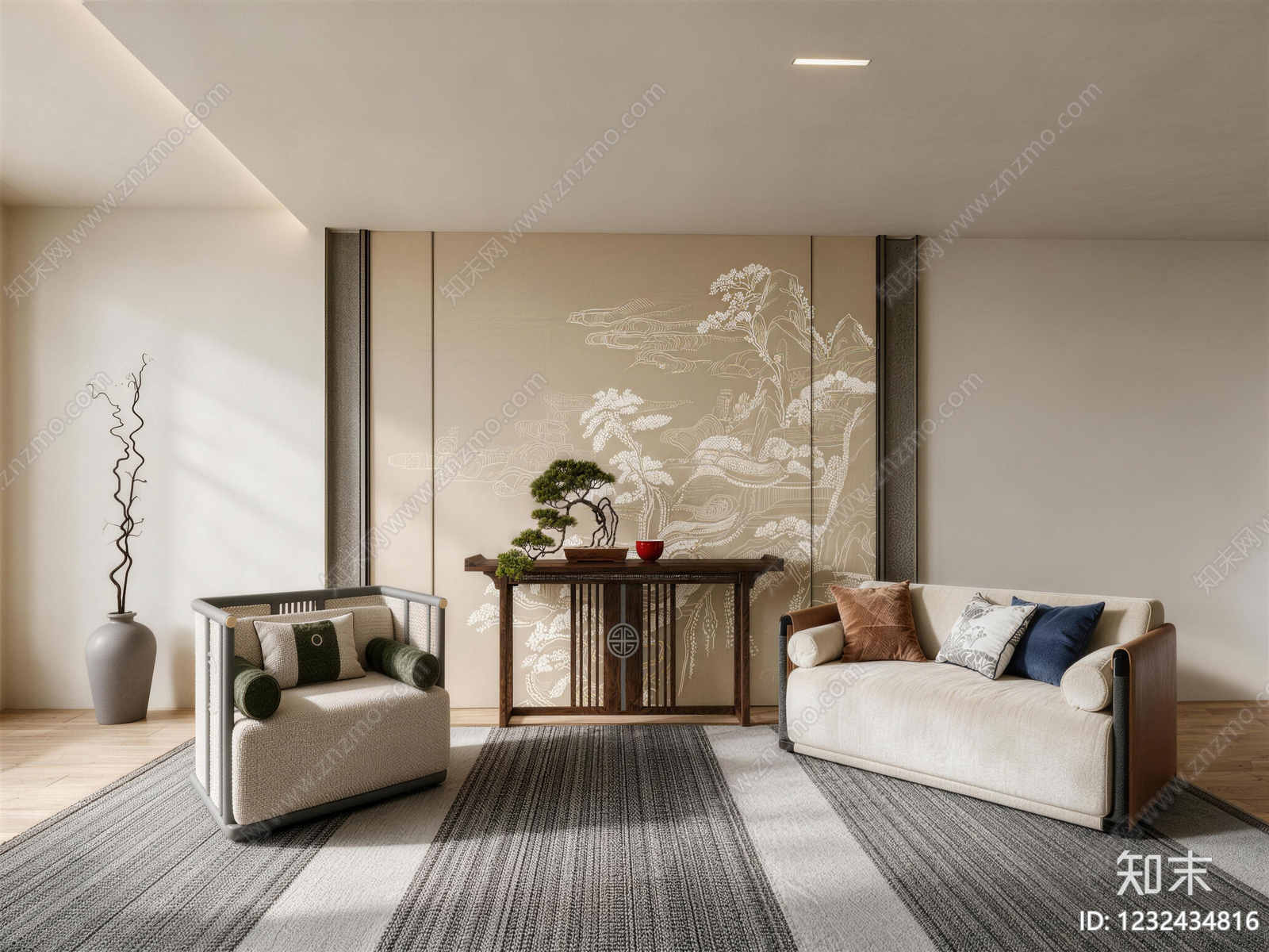 新中式家居客厅SU模型下载【ID:1232434816】