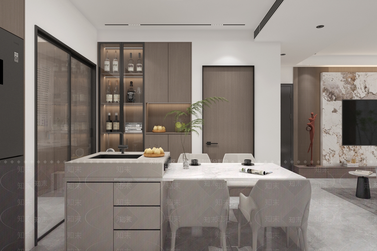 现代简约大平层客餐厅3D模型下载【ID:1232439291】