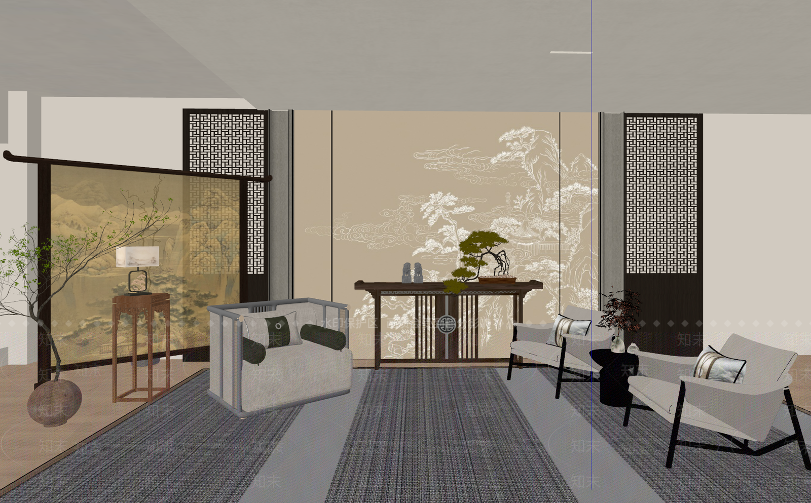 新中式茶室SU模型下载【ID:1232439801】