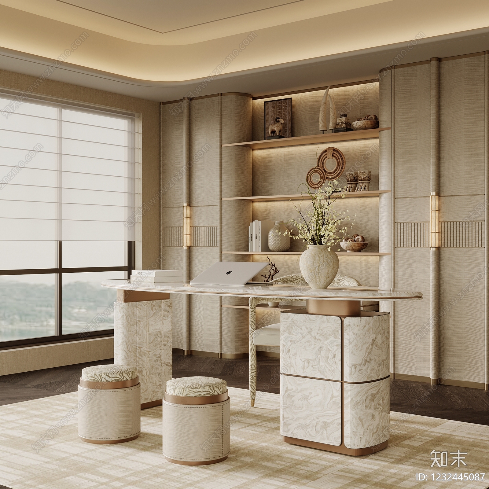 轻奢书房3D模型渲染效果图