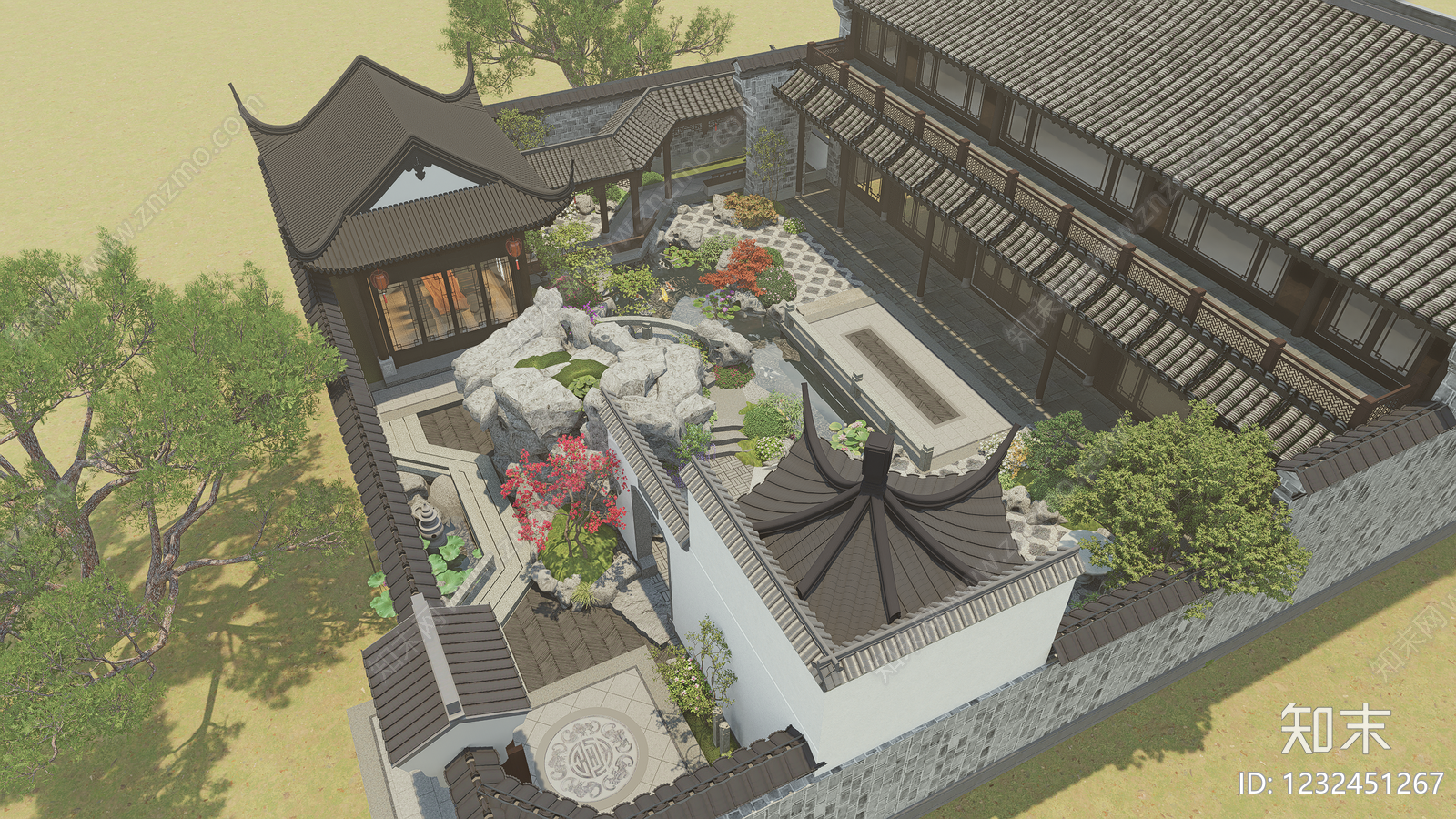 传统园林别墅庭院SU模型下载【ID:1232451267】