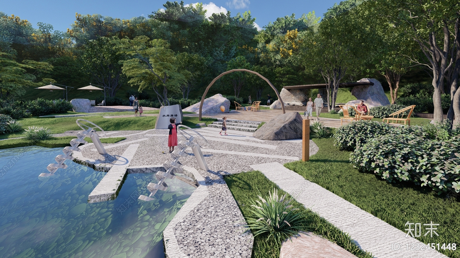 新中式景观亲水空间SU模型下载【ID:1232451448】
