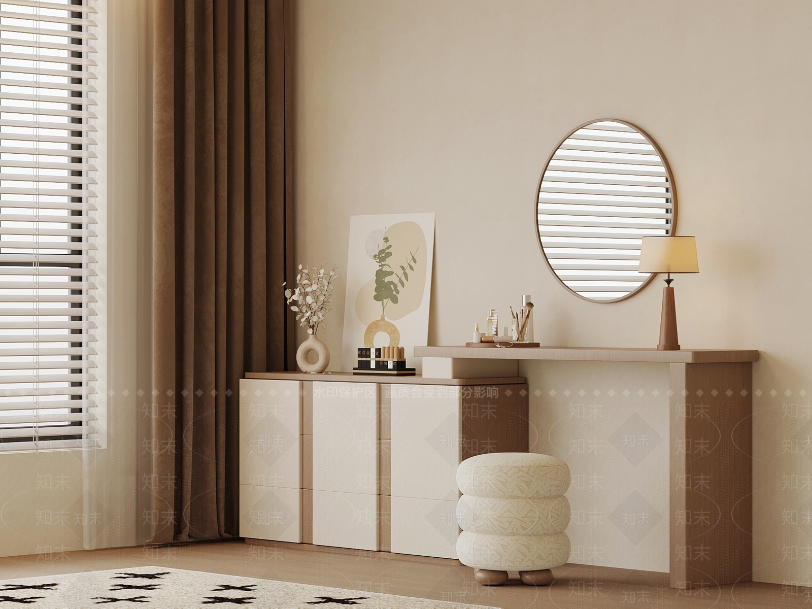 奶油风妆台妆凳3D模型下载【ID:1232451367】