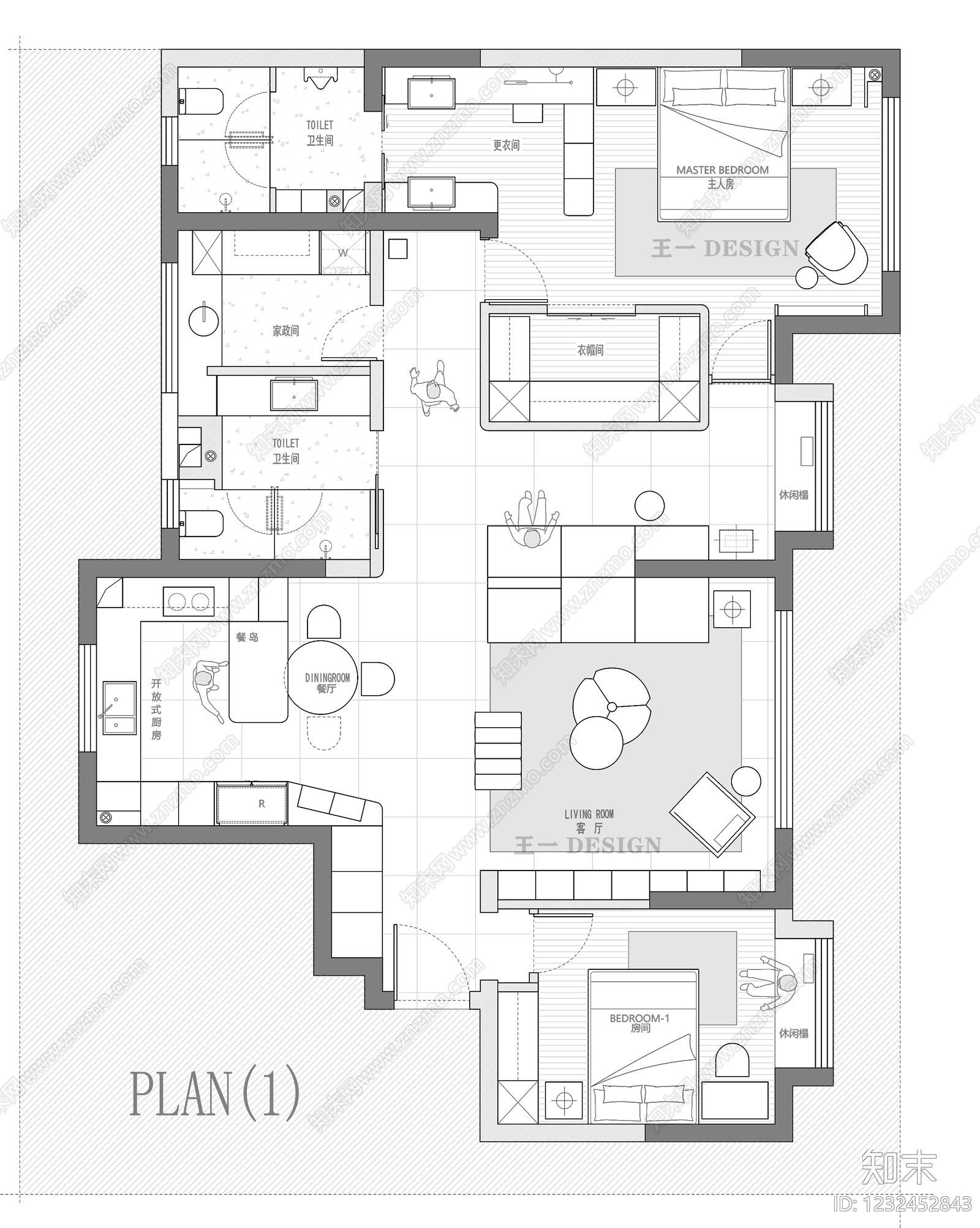 小户型平层cad施工图下载【ID:1232452843】