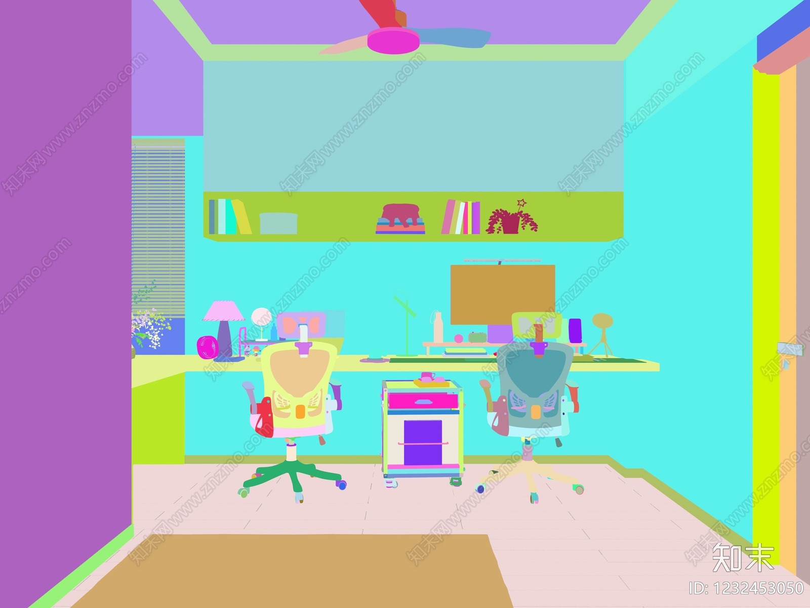 奶油风书房3D模型下载【ID:1232453050】