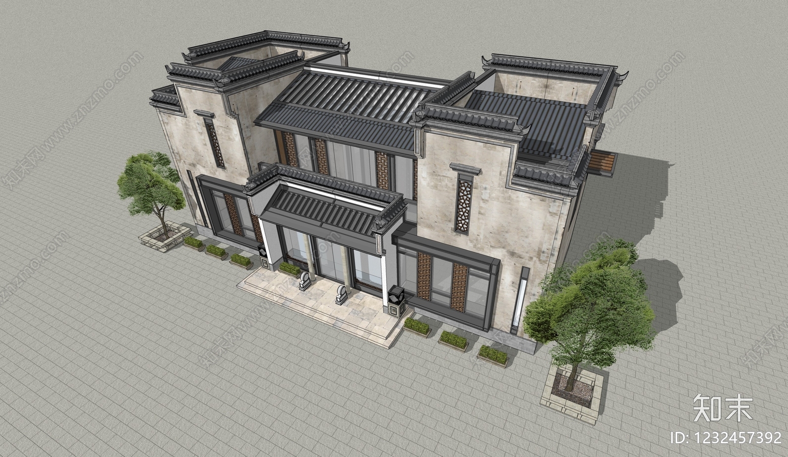 新中式民宿建筑SU模型下载【ID:1232457392】