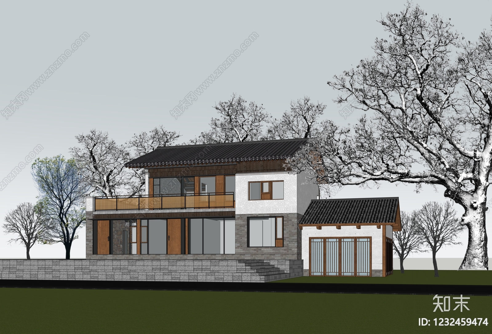 新中式民宿建筑SU模型下载【ID:1232459474】