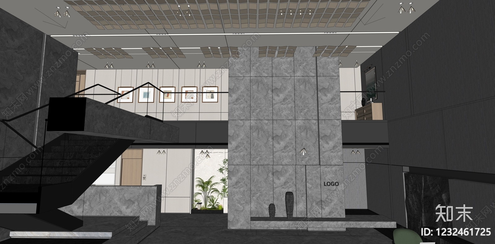 现代简约办公大堂SU模型下载【ID:1232461725】