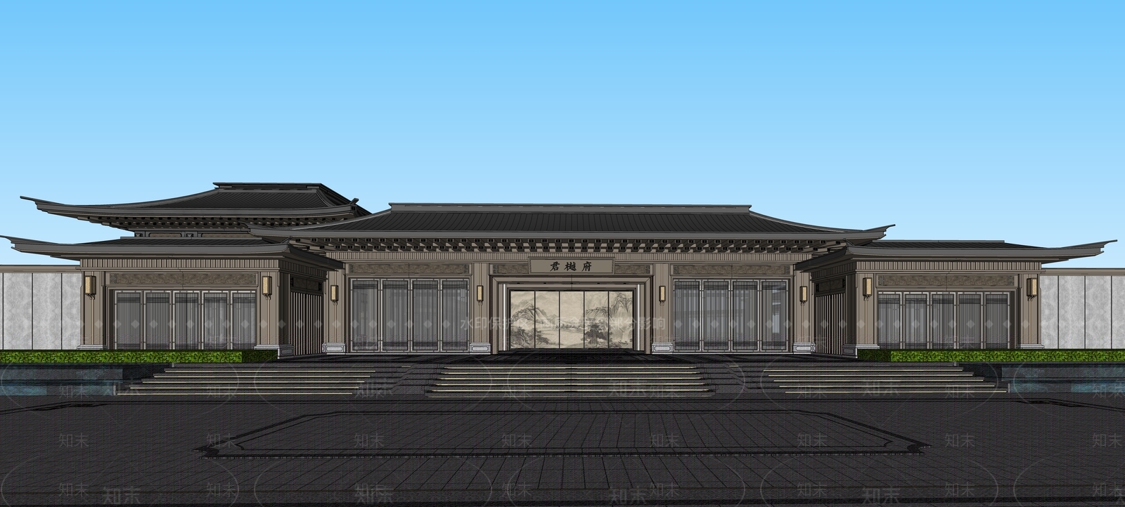 新中式景观售楼处建筑SU模型下载【ID:1232482361】