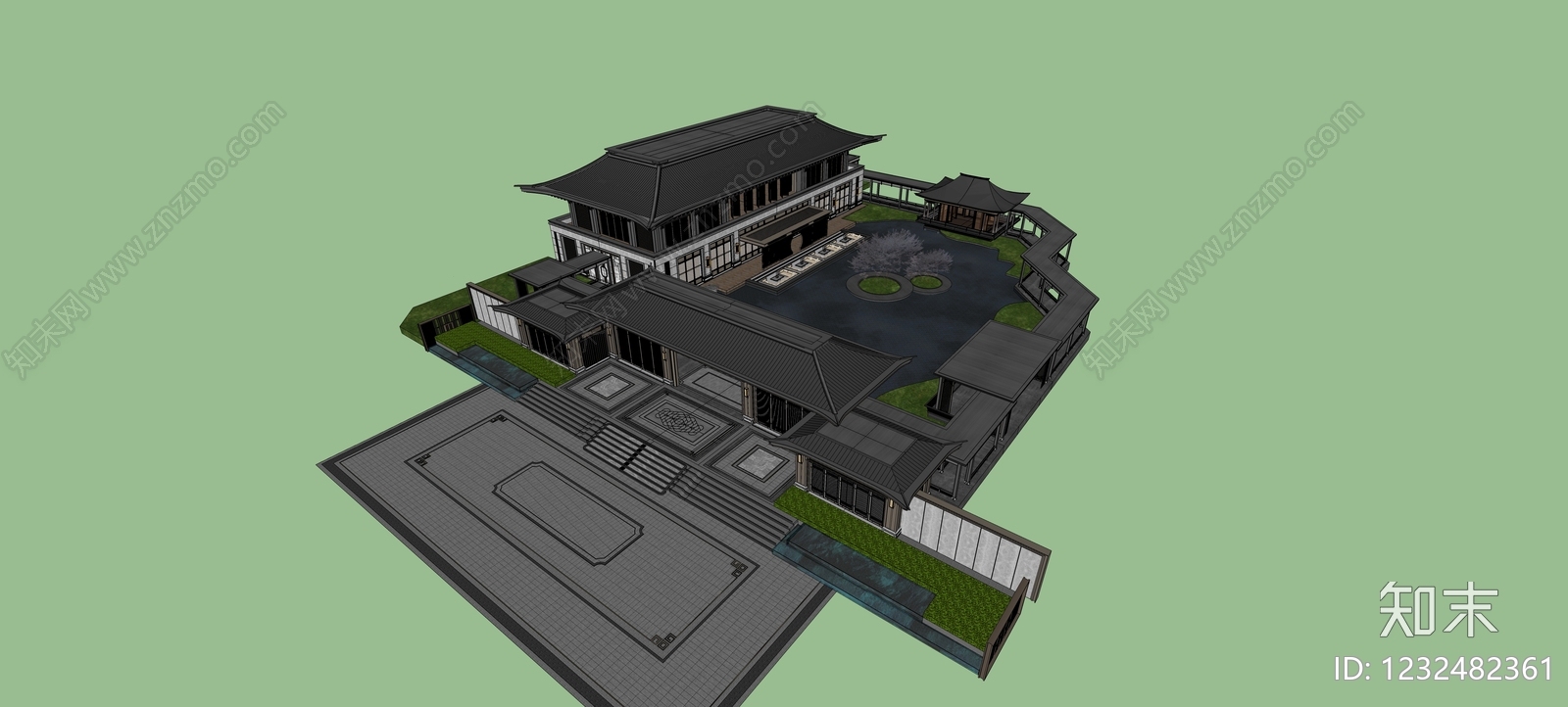 新中式景观售楼处建筑SU模型下载【ID:1232482361】