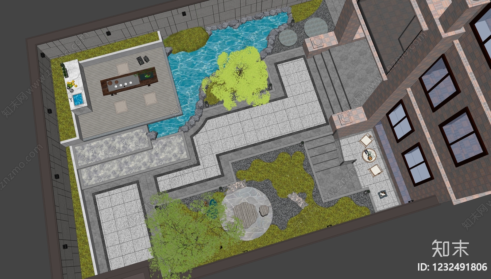 新中式景观别墅庭院SU模型下载【ID:1232491806】