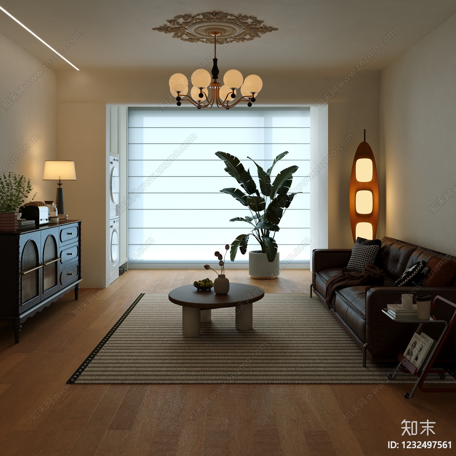 中古风家居客厅3D模型渲染效果图