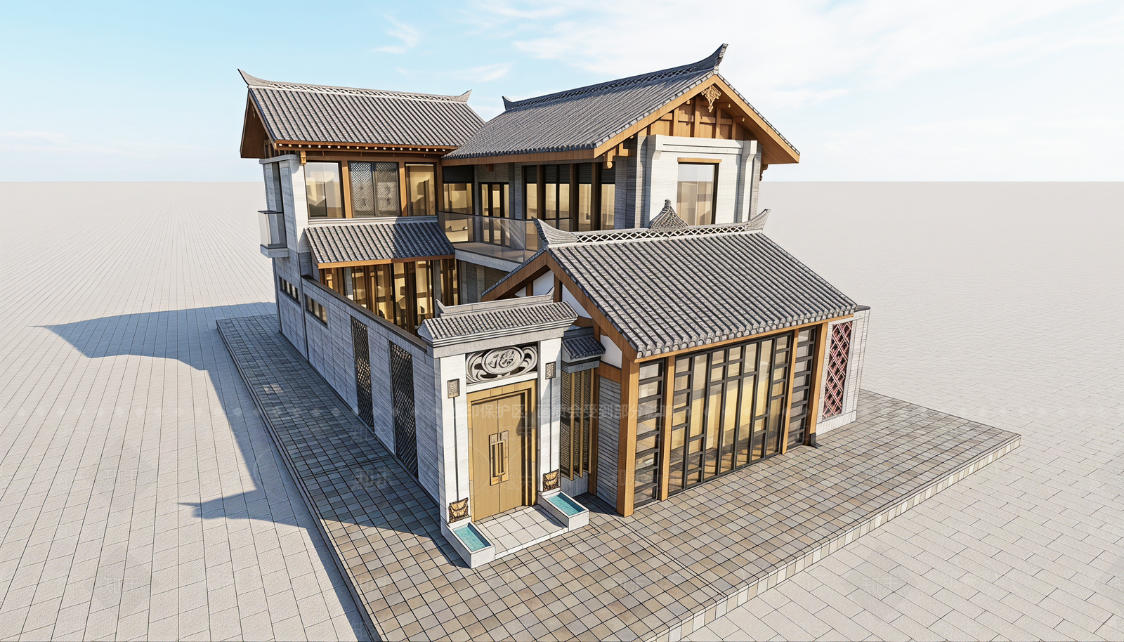 新中式民宿建筑SU模型下载【ID:1232510108】