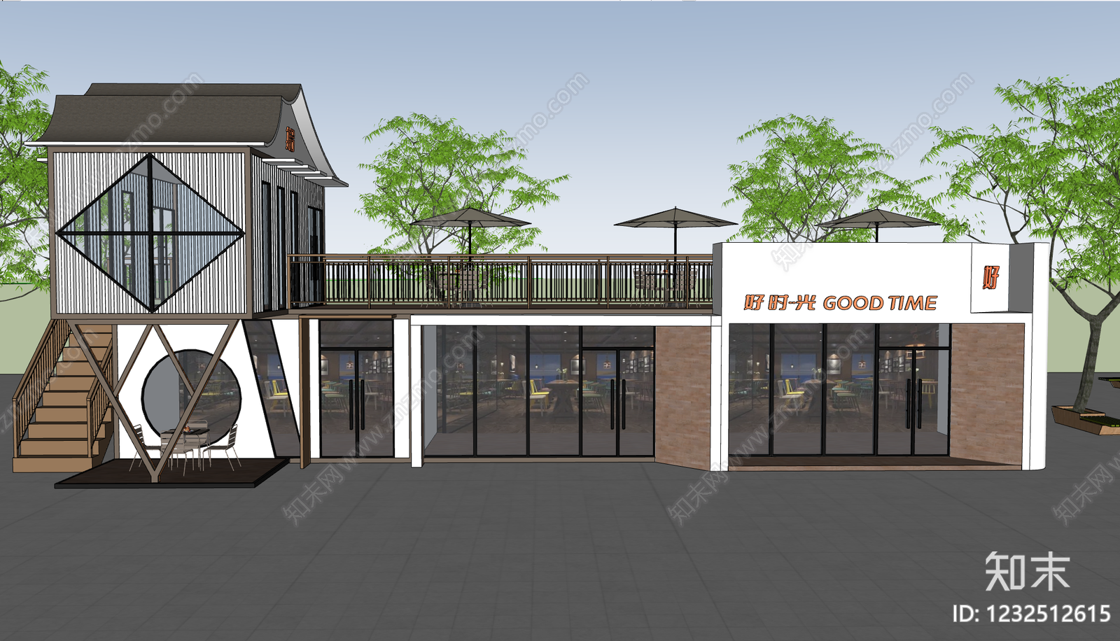 新中式餐饮建筑SU模型下载【ID:1232512615】