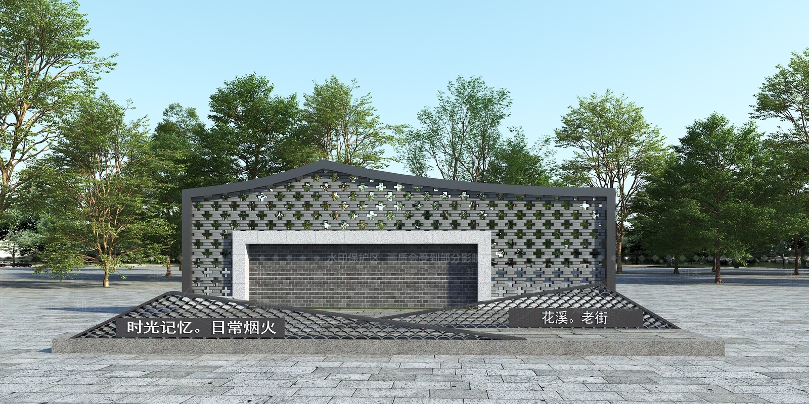 新中式景观景墙3D模型渲染效果图