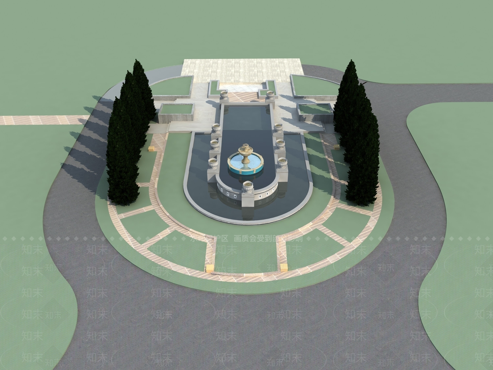 欧式中心广场3D模型渲染效果图