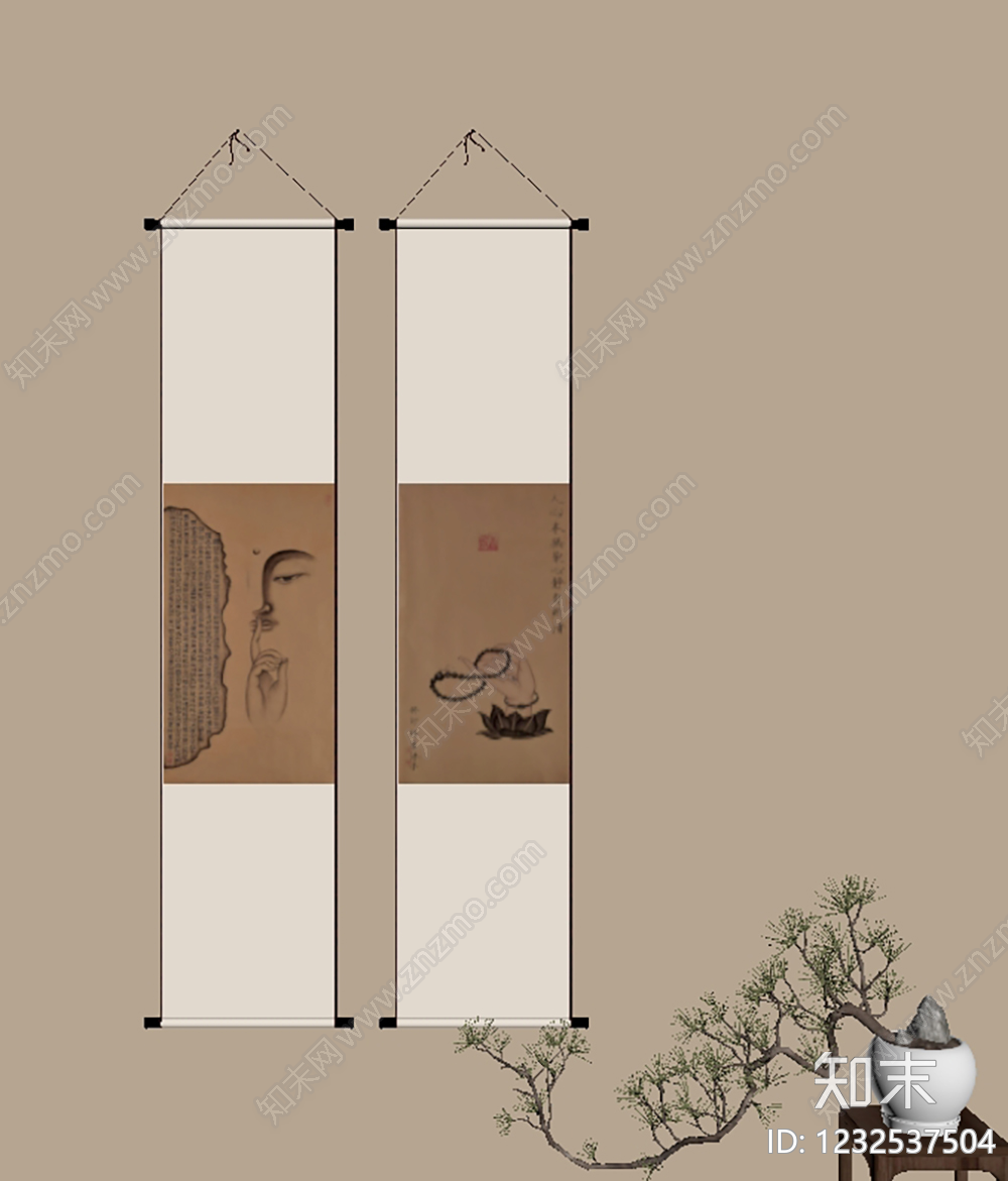新中式挂画组合SU模型下载【ID:1232537504】