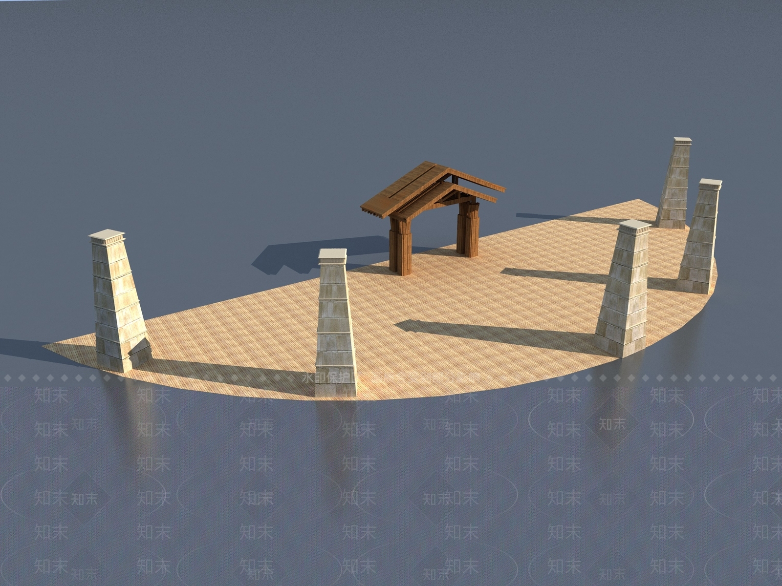 中式观景平台3D模型渲染效果图