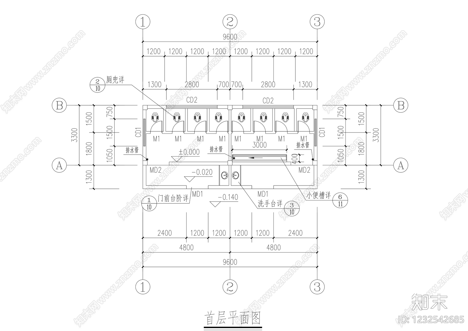 公厕cad施工图下载【ID:1232542685】