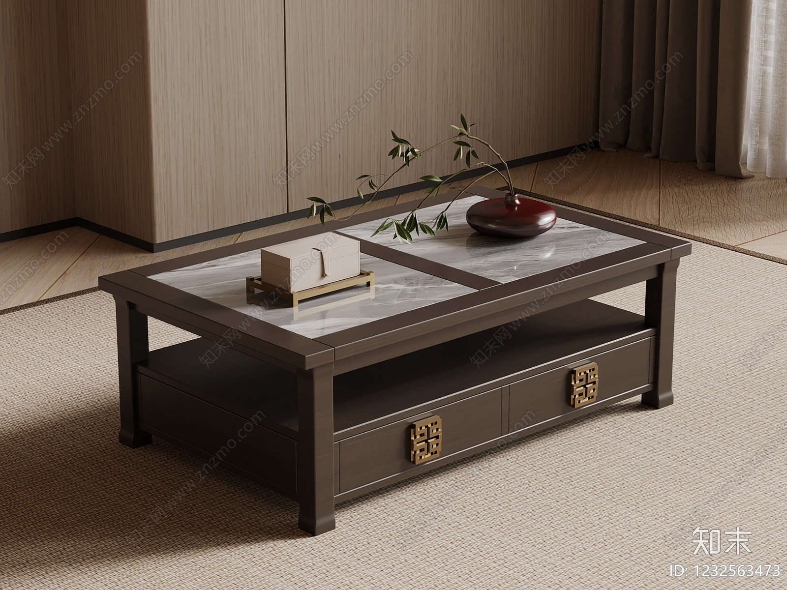 新中式茶几3D模型渲染效果图
