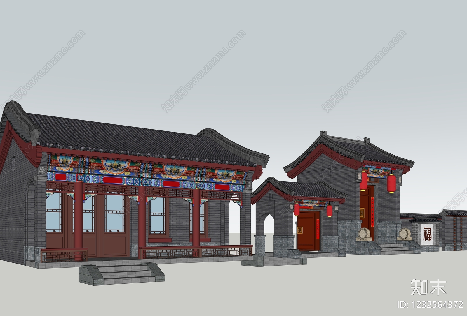 中式古建四合院SU模型下载【ID:1232564372】