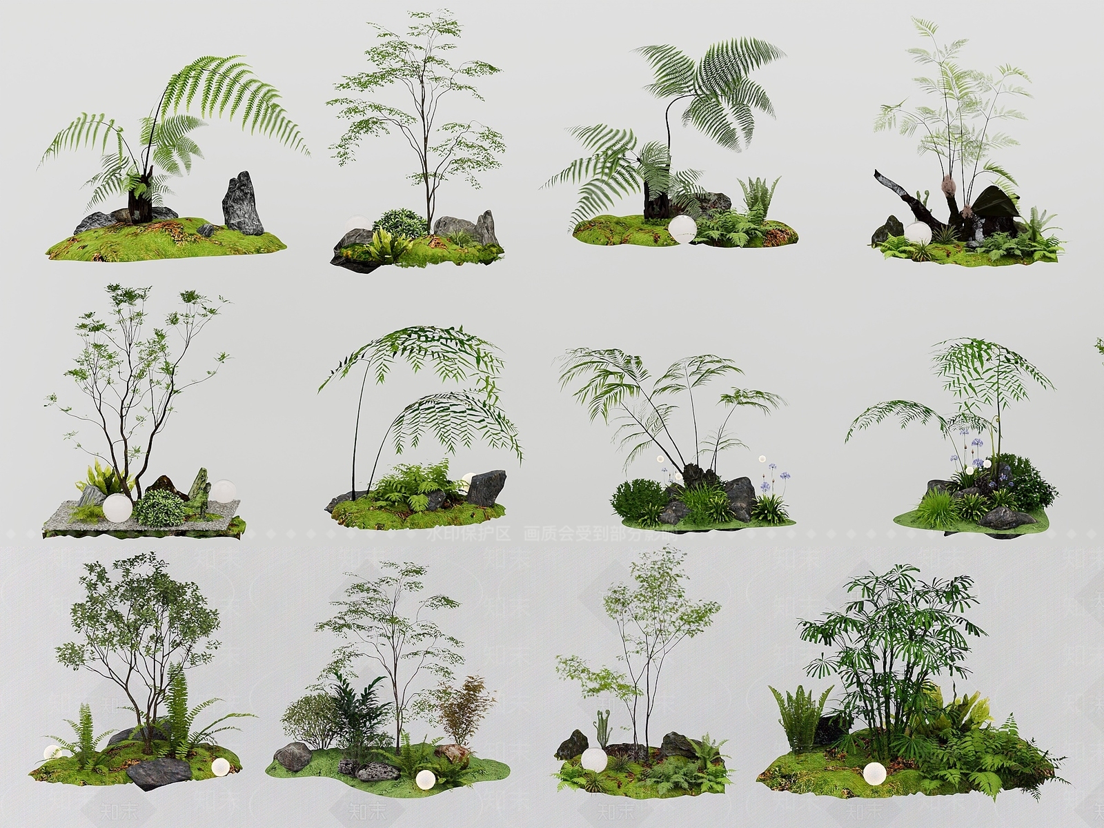 禅意植物堆3D模型渲染效果图