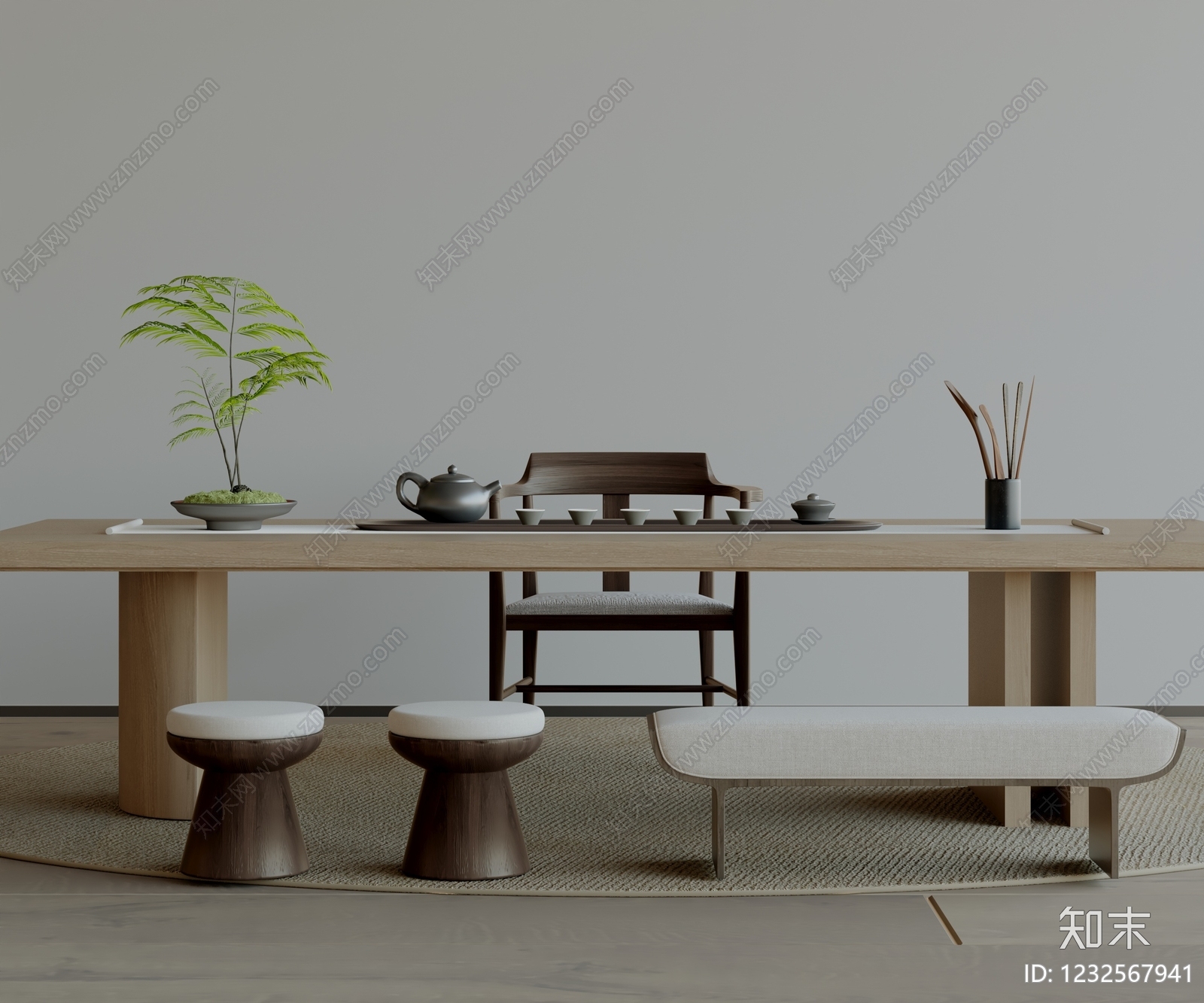 新中式茶桌椅3D模型渲染效果图