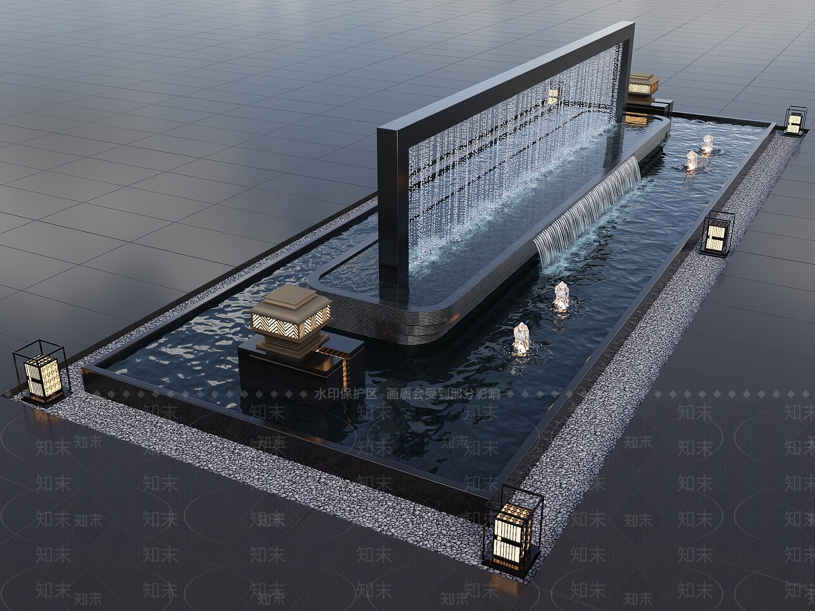 新中式景观景观水墙3D模型渲染效果图