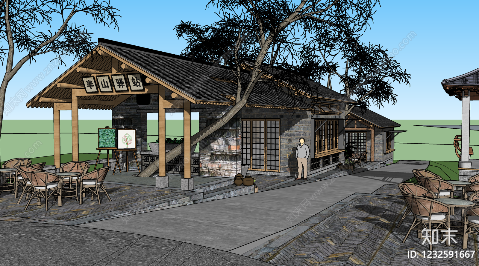 中式民宿建筑SU模型下载【ID:1232591667】