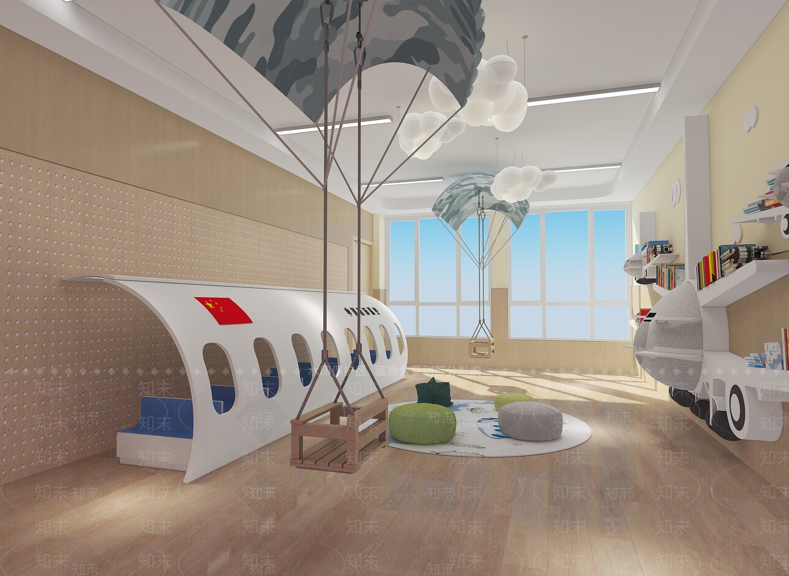 原木风幼儿园3D模型渲染效果图