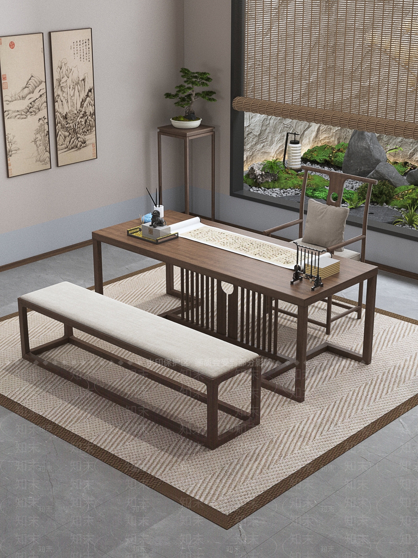 新中式书桌椅3D模型下载【ID:1232664708】