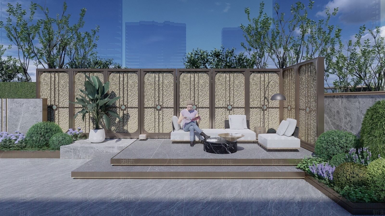 新中式景观屋顶花园SU模型下载【ID:1232666442】
