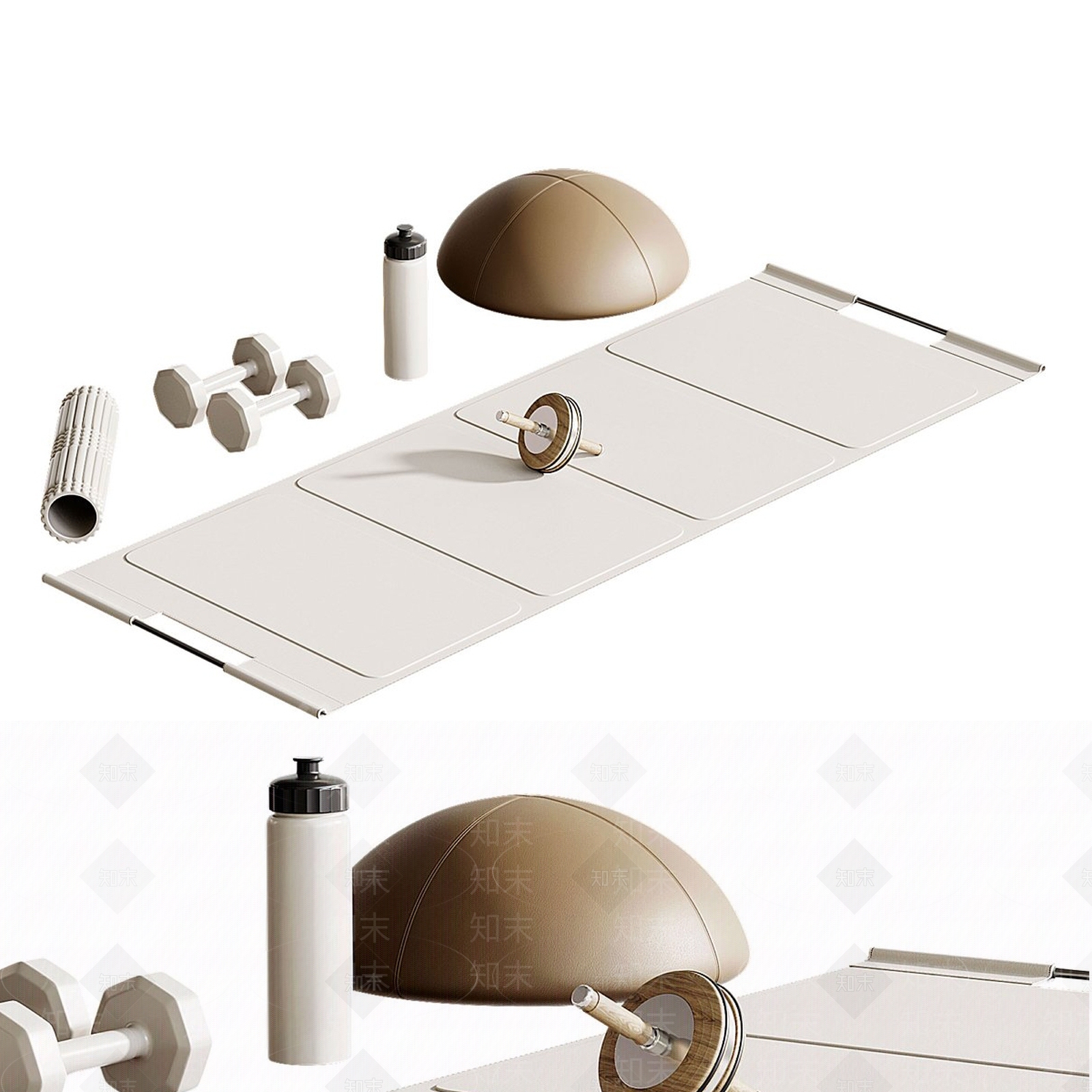 奶油风健身器材3D模型渲染效果图