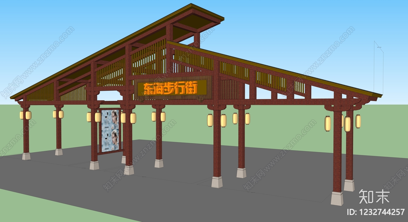 新中式景观商业街入口大门SU模型下载【ID:1232744257】