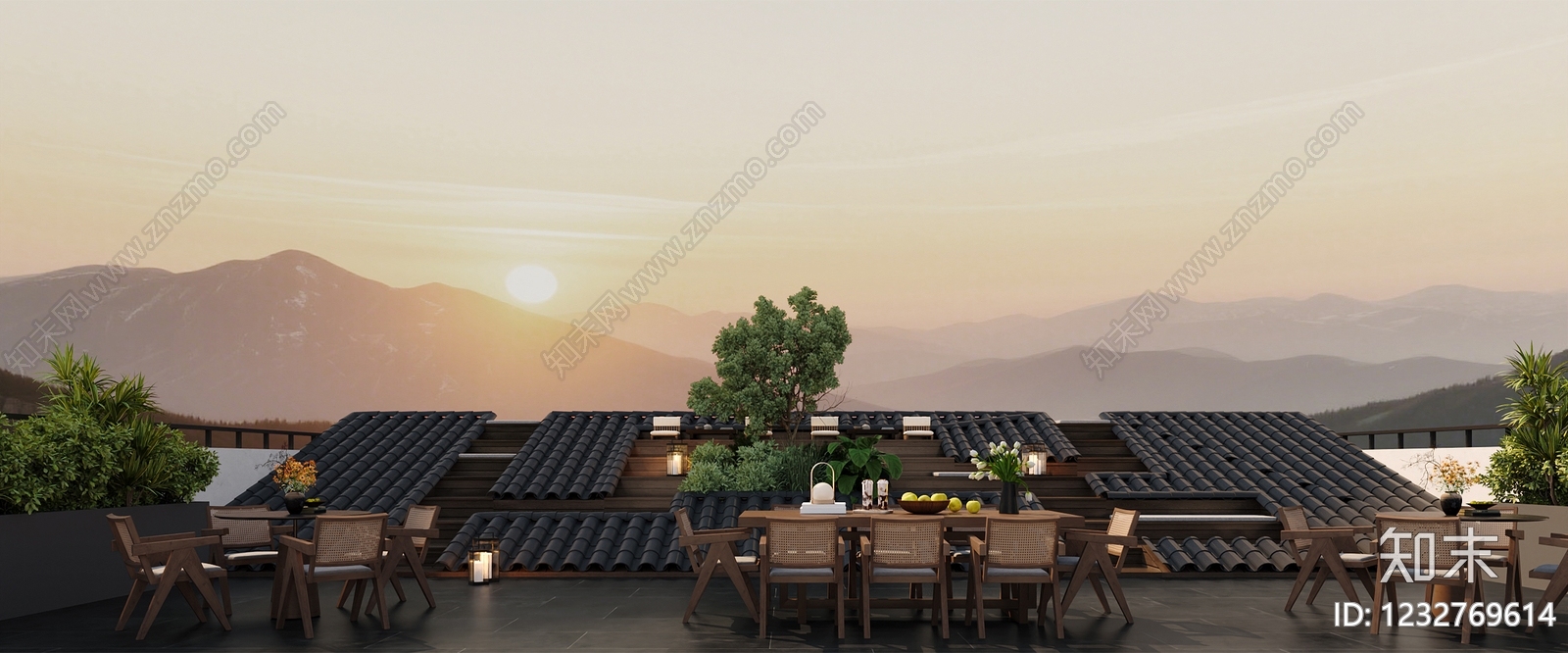 新中式屋顶花园3D模型渲染效果图