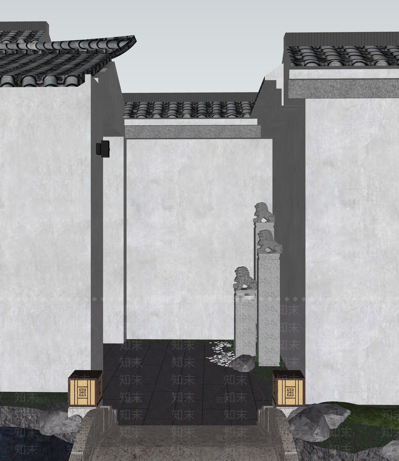 新中式景观庭院小品SU模型下载【ID:1232794613】
