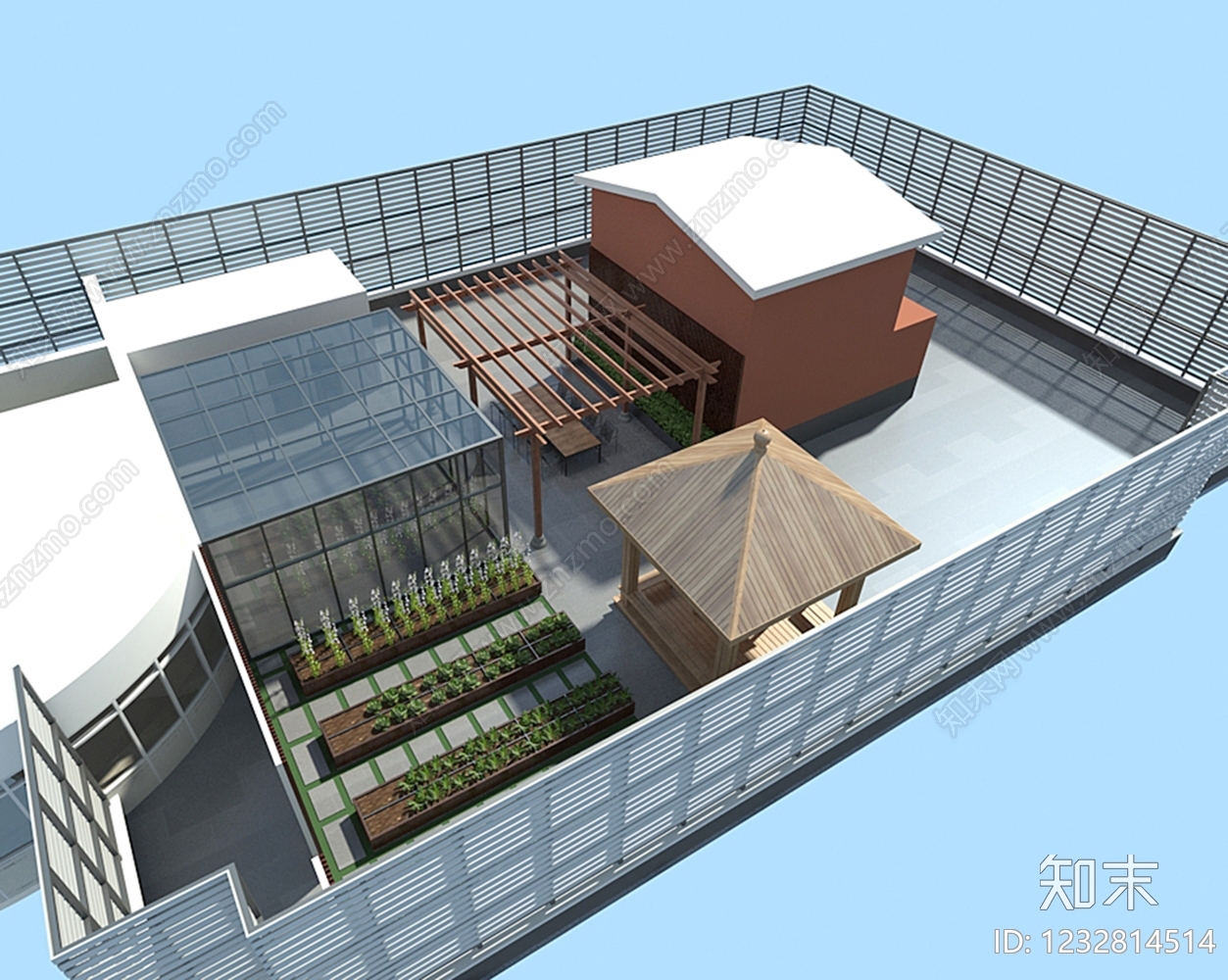 新中式景观屋顶花园3D模型渲染效果图
