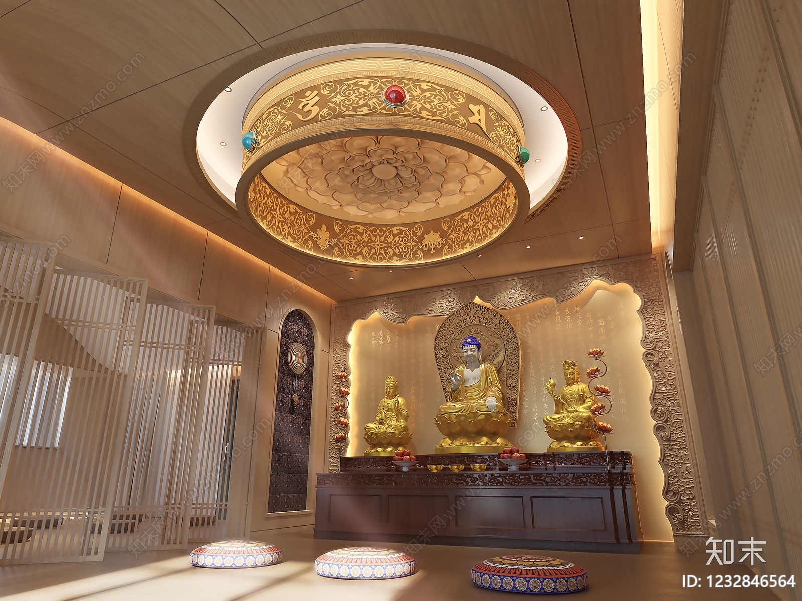 新中式佛堂3D模型渲染效果图