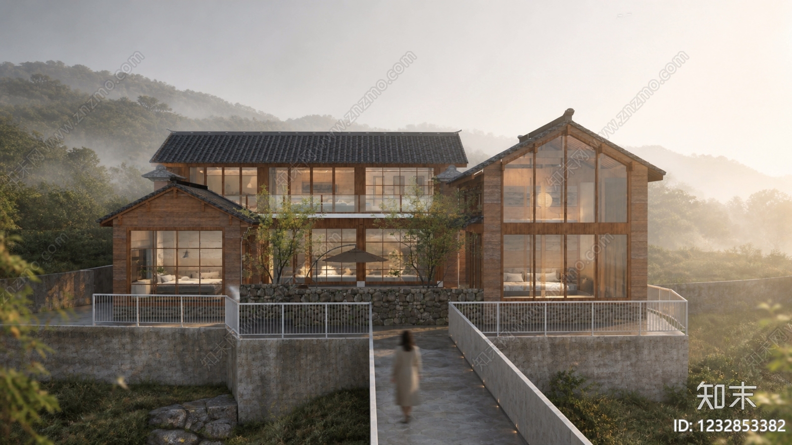 新中式民宿建筑SU模型下载【ID:1232853382】