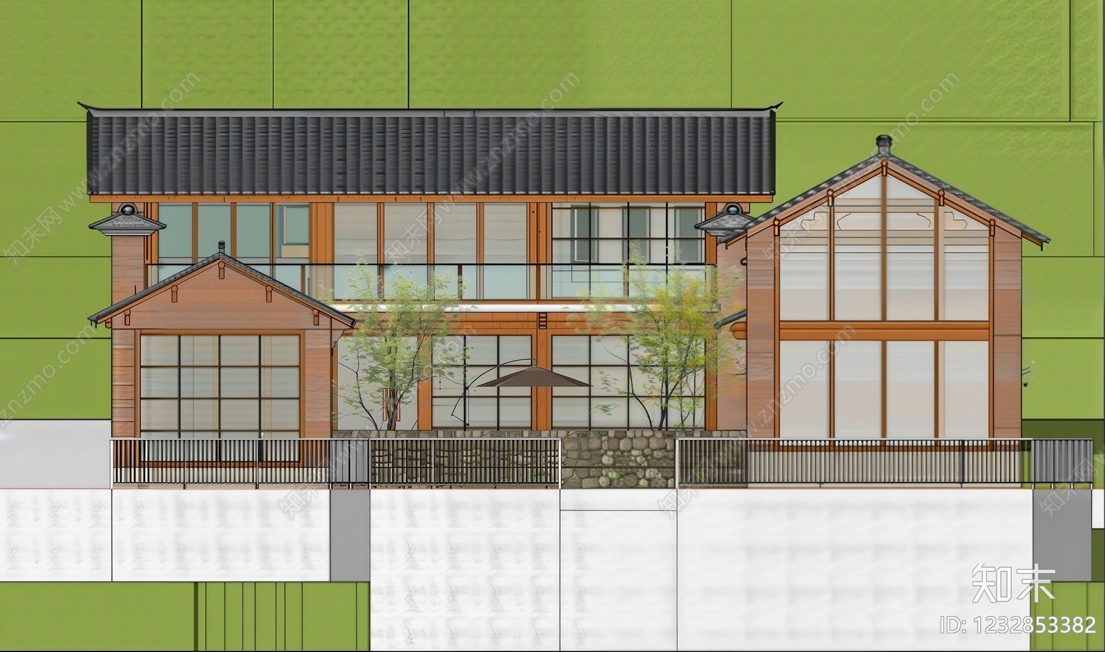 新中式民宿建筑SU模型下载【ID:1232853382】