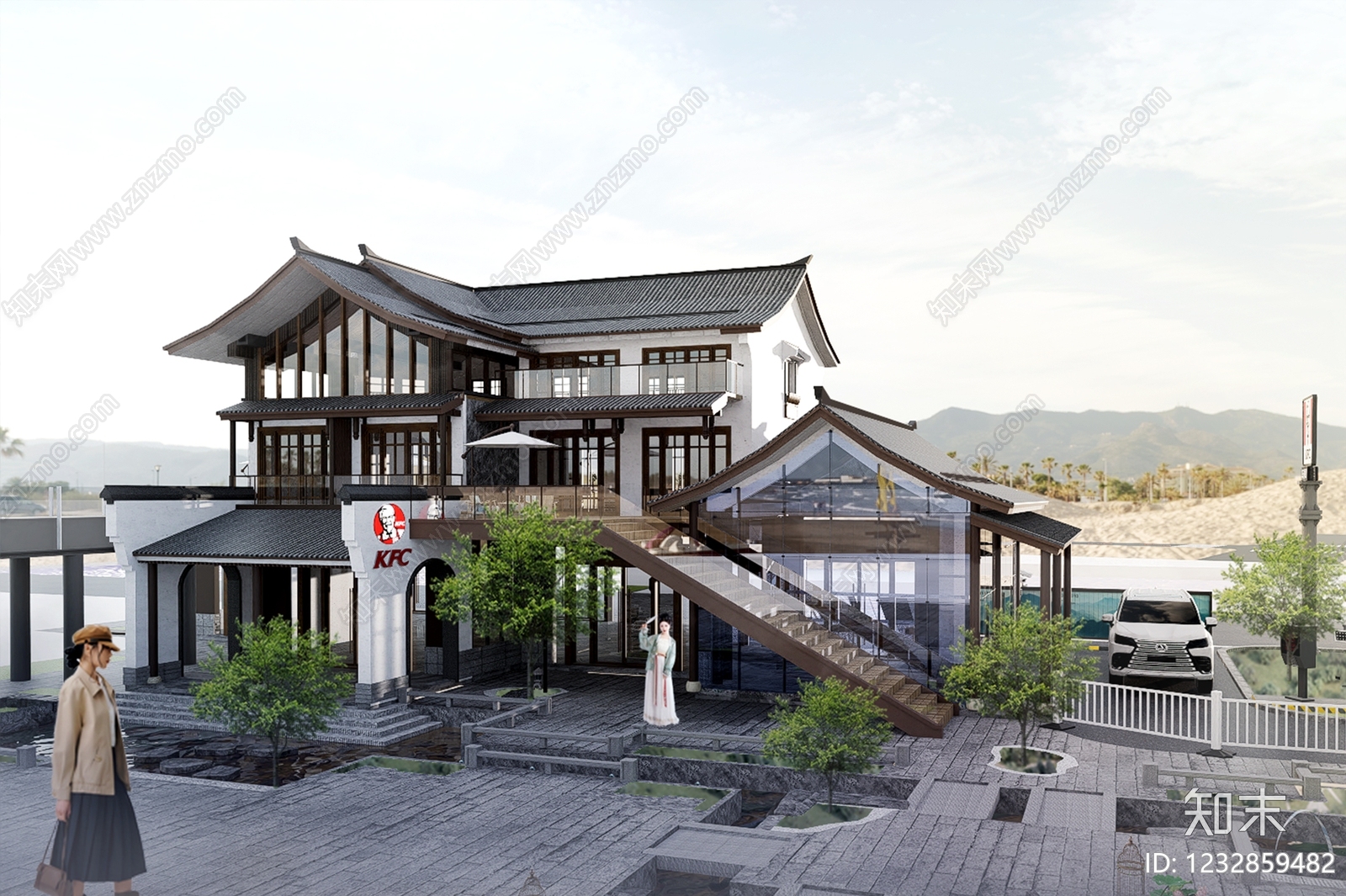 新中式景观商业街SU模型下载【ID:1232859482】