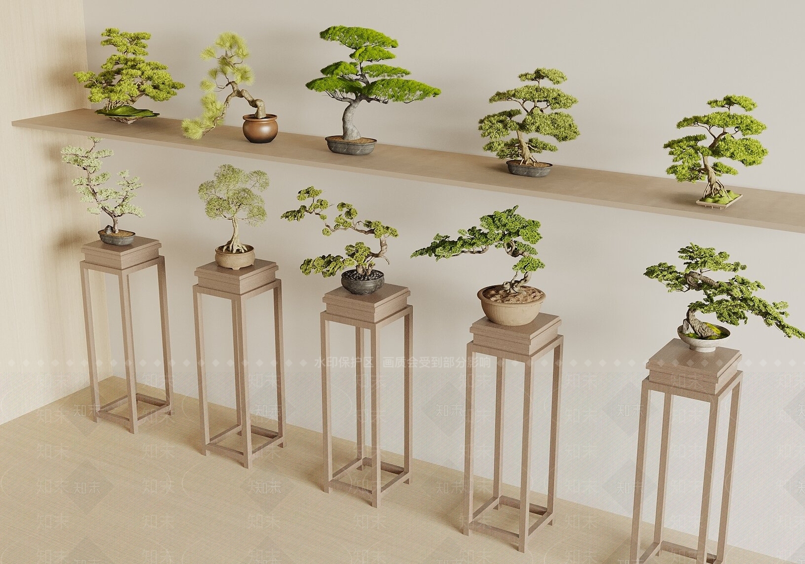 新中式盆景3D模型渲染效果图