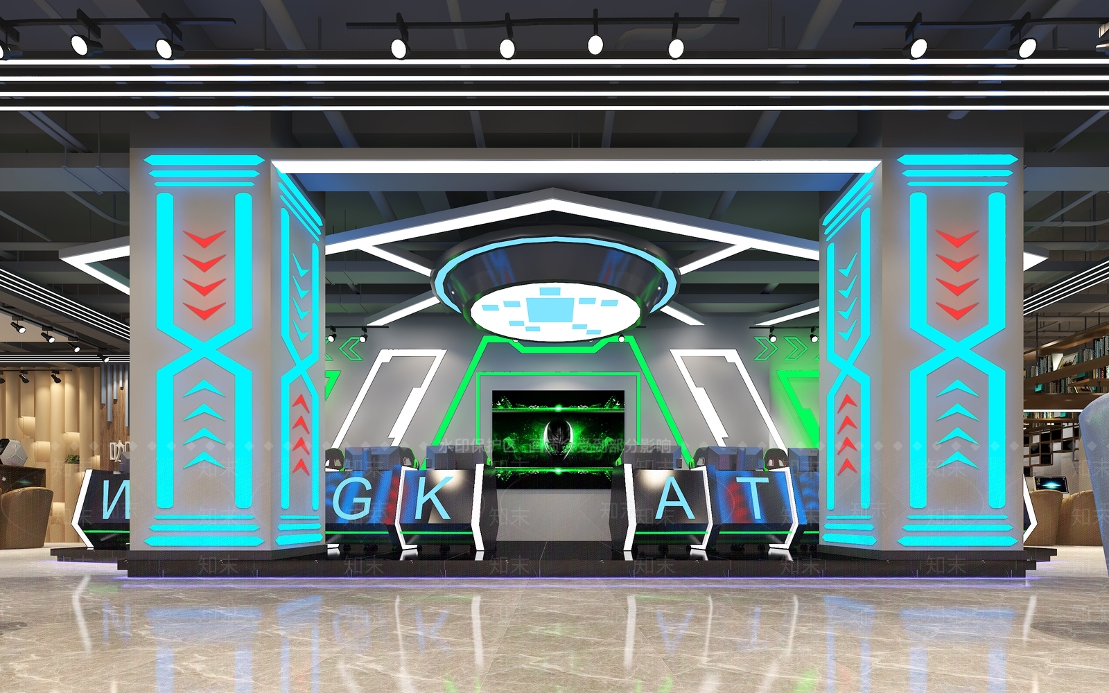 赛博朋克风网吧网咖3D模型渲染效果图