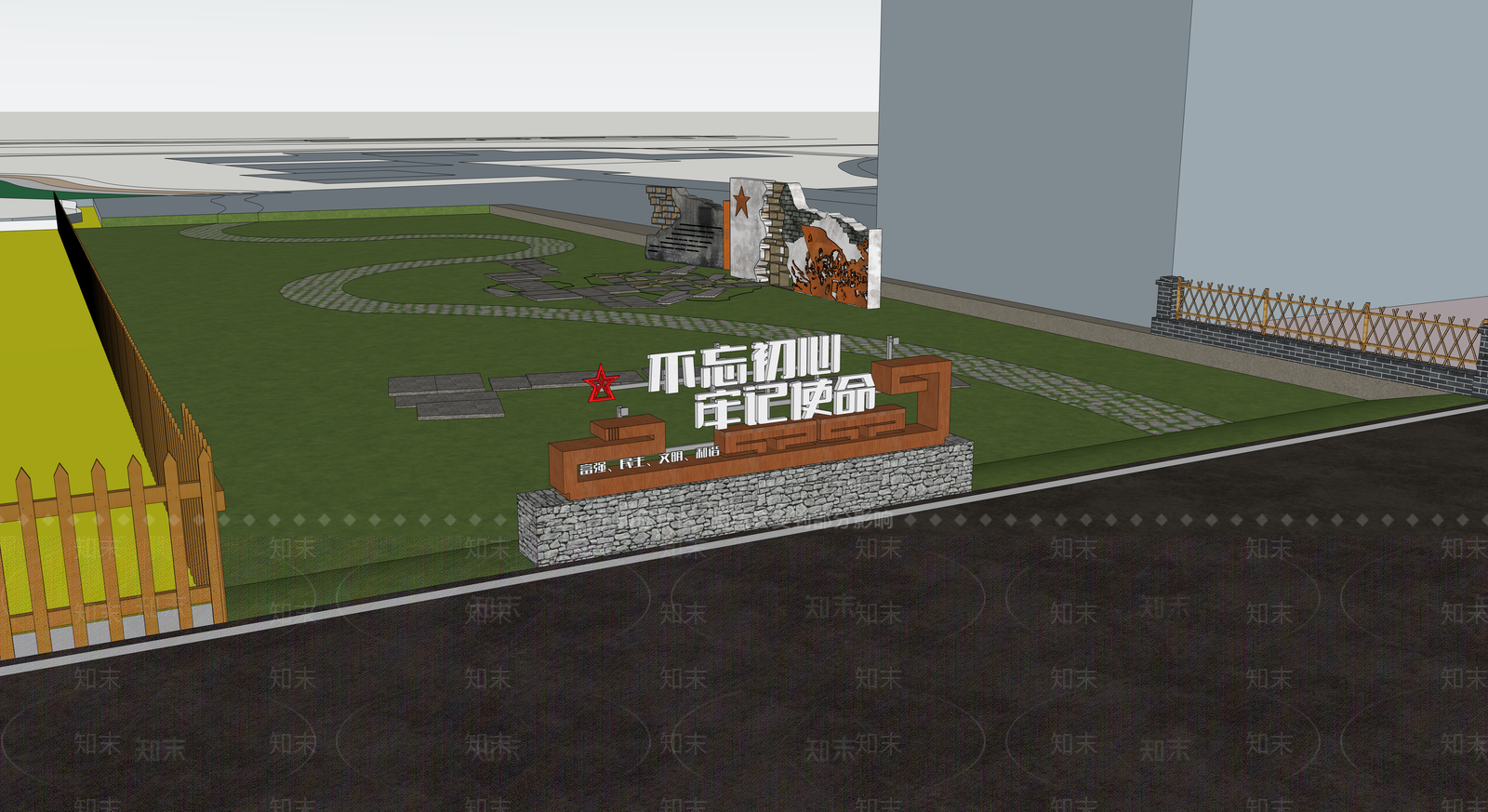 新中式景观口袋公园SU模型下载【ID:1232893188】