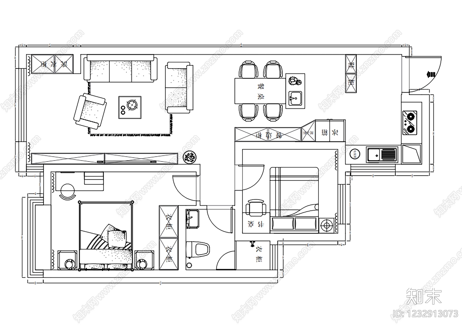 小户型平层cad施工图下载【ID:1232913073】