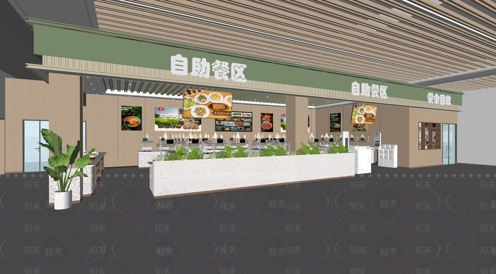 现代简约自助餐厅SU模型下载【ID:1232920429】