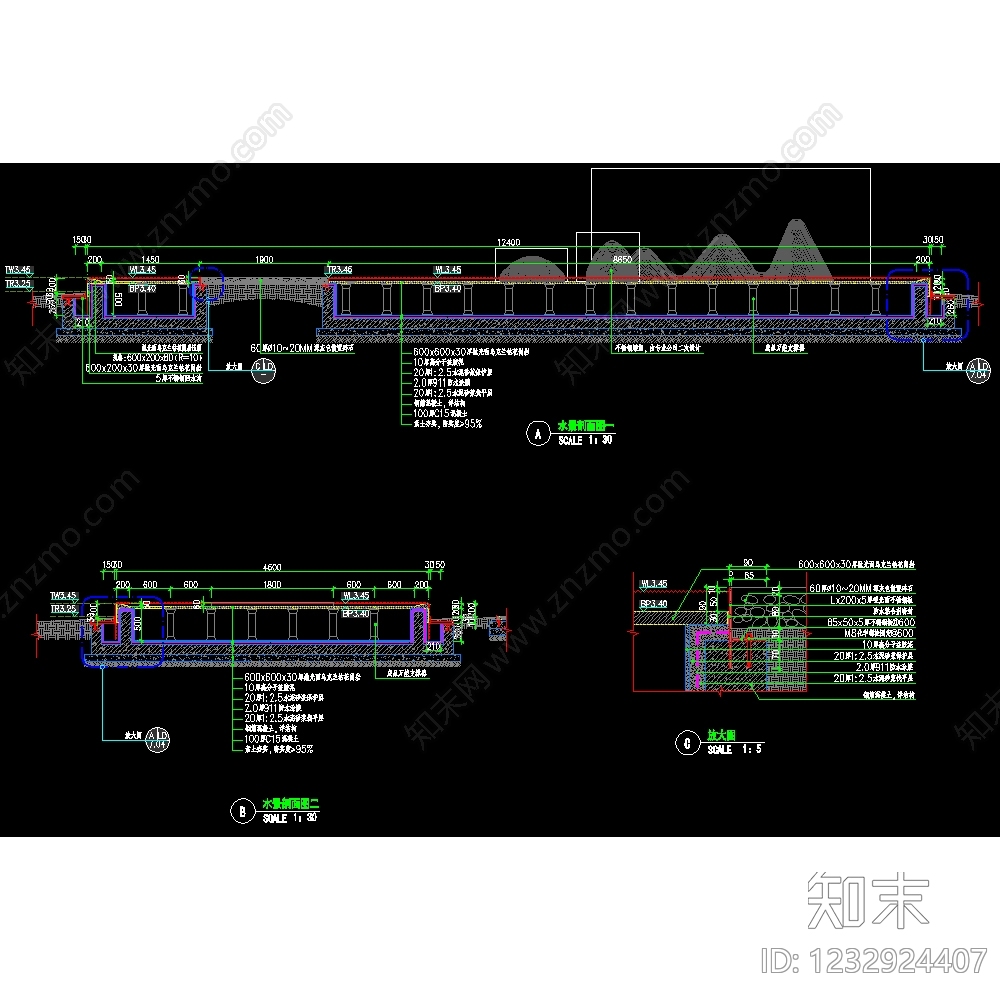 镜面水景cad施工图下载【ID:1232924407】