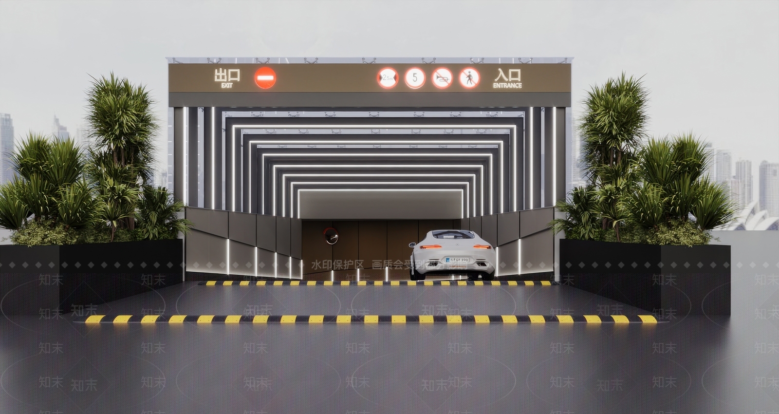 现代室内停车场3D模型渲染效果图