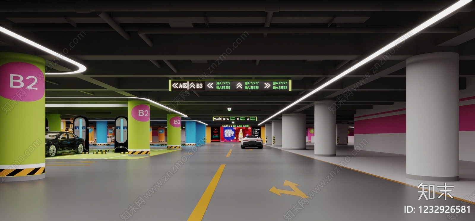 现代室内停车场3D模型渲染效果图
